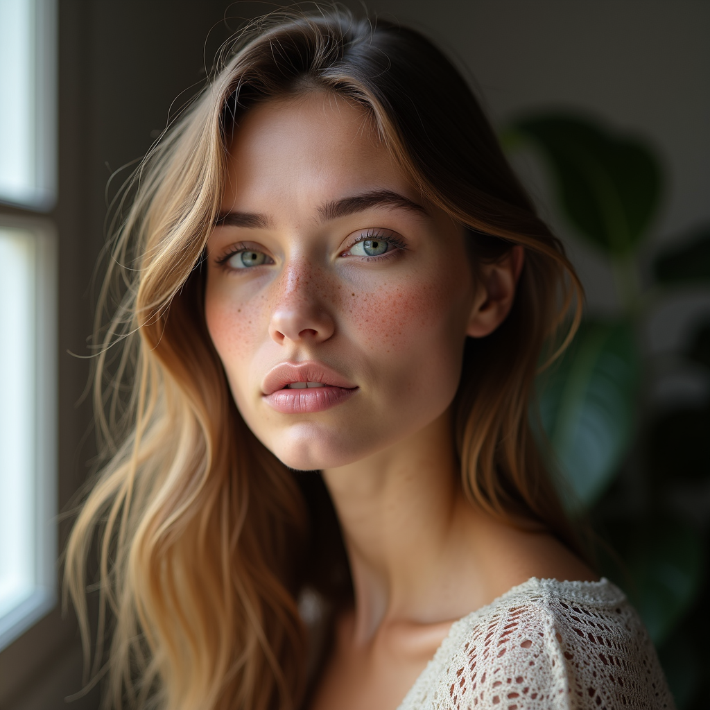 BF16 (FLUX): studio portrait of a young woman with freckles